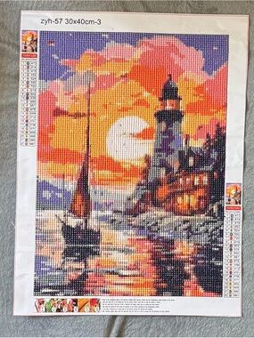 Finished Seaside Lighthouse Diamond Art Canvas - Sunset Palette